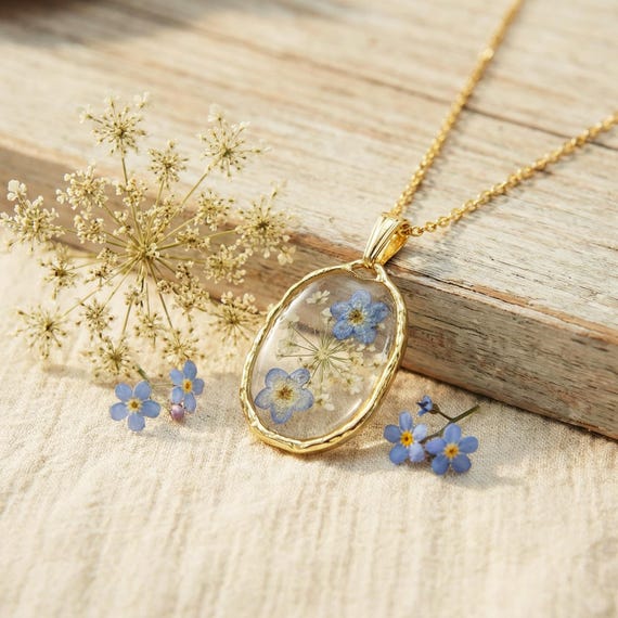 Real Pressed Forget-Me-Not Necklace – Gold Resin Pendant, Cottagecore Jewelry