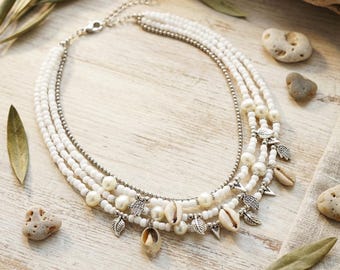 Beaded Cowrie Shell Necklace: Freshwater Pearl & Silver Charms - Boho Beach Jewelry