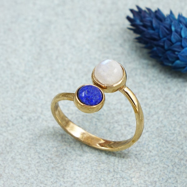 Lapis Lazuli Moonstone Crystal Stone Ring - Genuine authentic Gemstone Ring -Boho Dainty Ring -Gift for Her-Unique Jewellery-Ring for Women