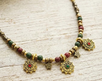 Beaded Star Necklace: Boho Sunburst Pendants, Handmade Tribal Jewelry- Rustic Artisan Ethnic Jewellery