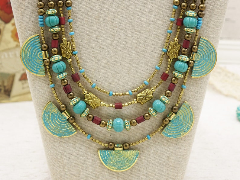 Turquoise Ginkgo Beaded Layered Necklace