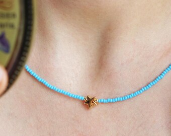 Blue Beaded Star Necklace: Celestial Jewelry