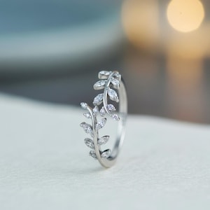 Silver Leaf Ring: Adjustable Cubic Zirconia Ivy Wrap