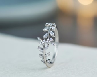 Silver Leaf Ring: Adjustable Cubic Zirconia Ivy Wrap