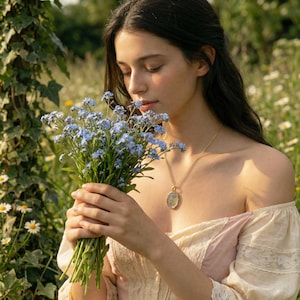 May include: A woman holding a bouquet of small blue flowers in a field. She wears a gold pendant necklace with a circular charm. The woman is wearing a light pink and cream-colored off-the-shoulder dress.