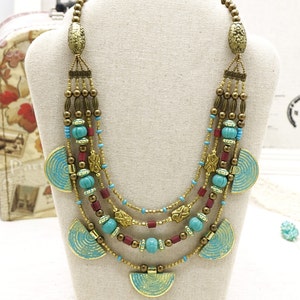 Turquoise Ginkgo Beaded Layered Necklace