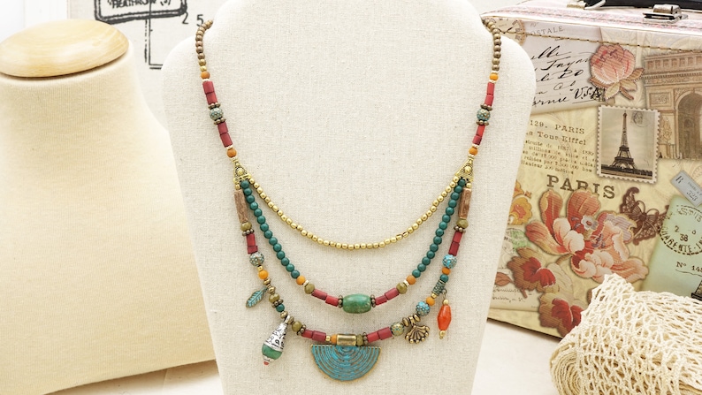 Beaded Necklace Triple Layered Necklace Boho Chic Turquoise Necklace Unique Handmade Jewelry Gift for Women Best Friend Gift image 3