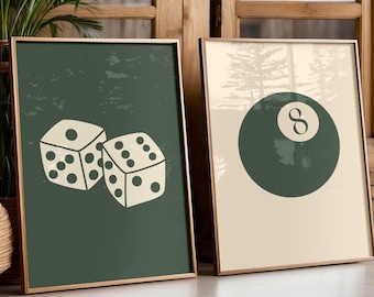 Juego de 2 láminas de la suerte, arte de pared de dados, impresión de bola ocho, decoración de moda, arte de pared para cuevas masculinas, láminas de pared verdes, decoración de dormitorio