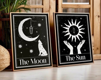 Set of 2 Tarot Art Prints, Celestial Wall Art, Moon Print, Sun Print, Boho Home Decor, Boho Wall Art, Halloween, Bohemian
