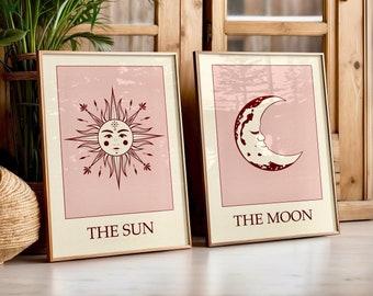 Juego de 2 láminas de Tarot, arte de pared rosa, impresión de luna, impresión de sol, decoración bohemia, arte de pared bohemio, impresiones de pared celestiales, regalo para niña, decoración de dormitorio