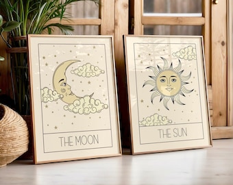 Sun and Moon Tarot Card Prints, Celestial Wall Art Set