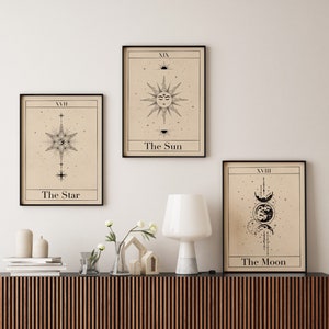 Set of 3 Tarot Prints. Celestial Wall Art. Moon Prints. Sun Print. Boho Decor. Boho Wall Art. Wall Prints. Star Print