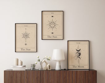 Set of 3 Tarot Prints. Celestial Wall Art. Moon Prints. Sun Print. Boho Decor. Boho Wall Art. Wall Prints. Star Print