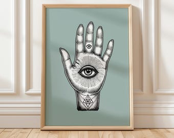 Boho Hand Palmistry Art Print, Celestial Witchy Decor