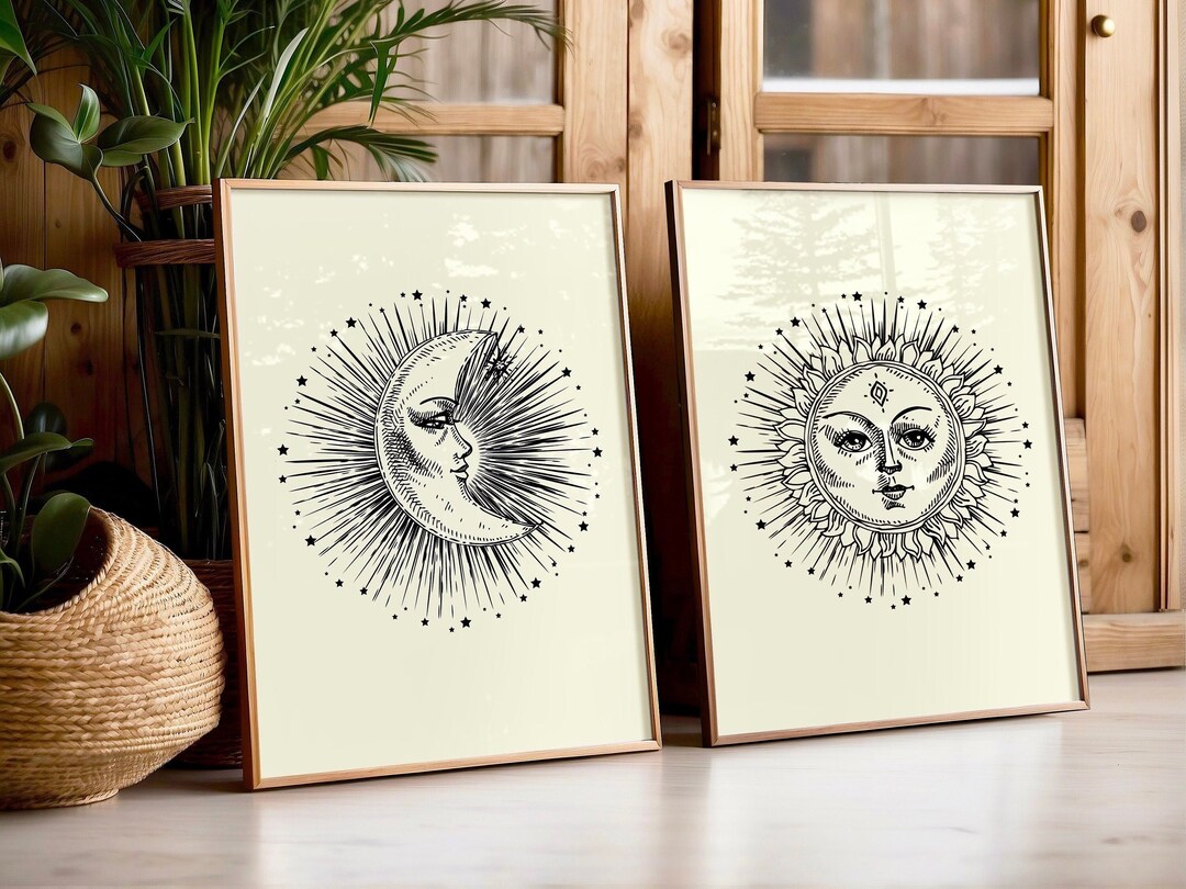 Sun and Moon Wall Art Prints, Celestial Boho Decor - Etsy