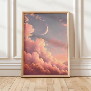 May include: A digital art print featuring a crescent moon in a pink and purple sky with fluffy clouds.