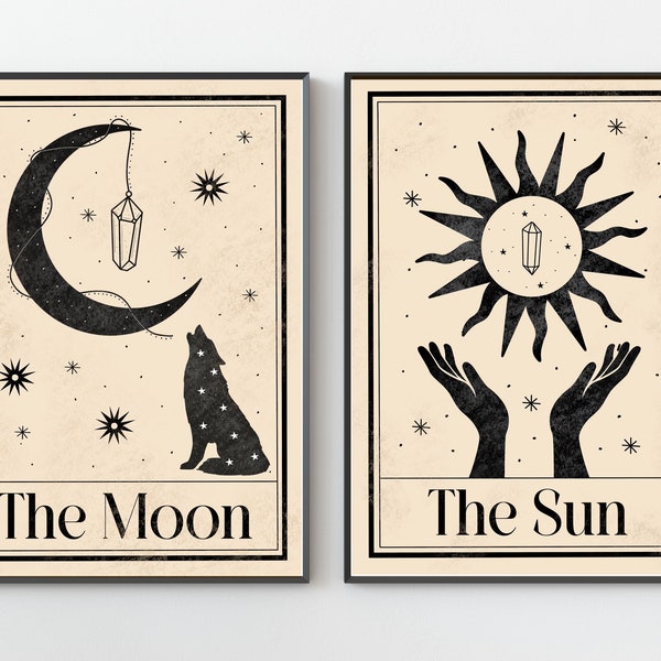 Set of 2 Tarot Art Prints, Celestial Wall Art, Neutral, Moon Wall Art, Print, Sun Print, Boho Home Decor, Boho Wall Art, Halloween, Bohemian