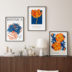 Flower Prints Set, Leaf Prints , Orange Blue Wall Art, Home Decor, Botanical Wall Art, Living Room Prints, Bedroom Posters