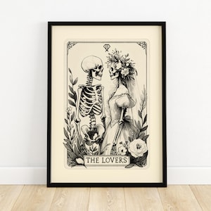 Impression tarot des amoureux, art mural squelette, impression d'art tarot, cadeau petite amie, décoration d'intérieur gothique, cadeau petit ami, tentures murales, A5, A4, A3