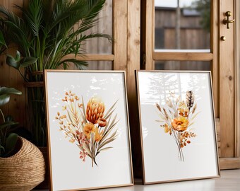 Láminas de pared con hojas otoñales beige, arte botánico, juego de 2