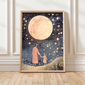Lámina infantil de luna para pared, láminas familiares, lámina infantil, arte celestial, madre e hija, decoración infantil, arte de pared para dormitorio, tamaño A5, A4, A3