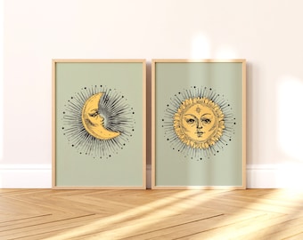 Sun and Moon Prints Set, Celestial Wall Art, Boho Wall Art, Bohemian Decor, Retro Art, Boho Decor, Moon Print, Sun Print, Moon Gift