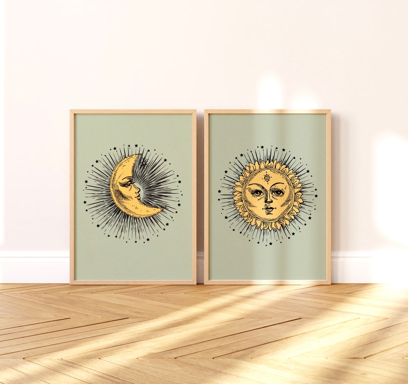 Sun and Moon Prints Set, Celestial Wall Art, Boho Wall Art, Bohemian ...