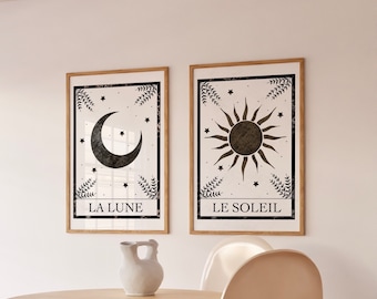 Set of 2 Tarot Prints, Boho Wall Art, Sun and Moon, Art Prints, Witch Aesthetic, Celestial Wall Art, Boho Decor, Gothic Gifts