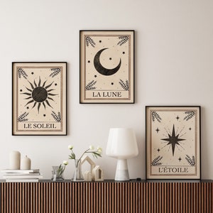 Lot de 3 tirages d'art de tarot. Art mural céleste. Impressions de lune. Impression soleil. Décoration bohème. Décoration murale bohème. Impressions murales. Cadeau lune. Décoration de chambre à coucher