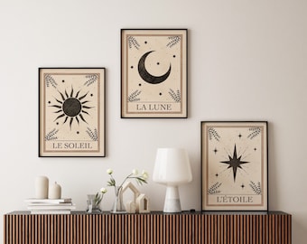 Set of 3 Tarot Art Prints. Celestial Wall Art. Moon Prints. Sun Print. Boho Decor. Boho Wall Art. Wall Prints. Moon Gift. Bedroom Decor