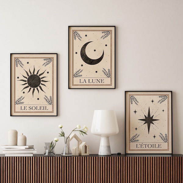 Set of 3 Tarot Art Prints. Celestial Wall Art. Moon Prints. Sun Print. Boho Decor. Boho Wall Art. Wall Prints. Moon Gift. Bedroom Decor