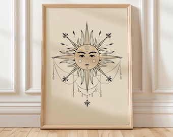 Celestial Sun Art Print, Boho Decor, Beige Neutral Wall Art