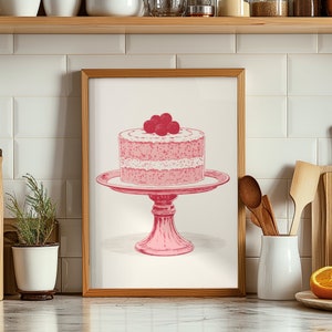 Illustrated Cake Print, Aesthetic Wall Art, Pink Decor, Girly Print, Coquette Decor, Preppy Gift, Illustration Bedroom Art, Gallery Wall