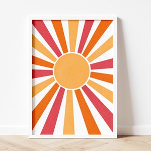 Sun Art Print. Bright Pink Orange Kids Print. Home Decor. A4 A3 Sun Wall Print