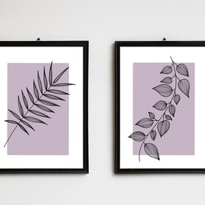 Set of 2 Leaf Wall Print. Purple Mauve Lilac Botanical Wall Art. Print Set. Simple Home Decor. Plant A4 A3