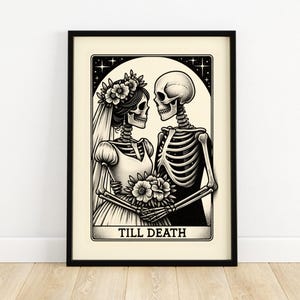 Impression tarot jusqu'à la mort, art mural squelette, impression d'art tarot, cadeau de mariage, décoration d'intérieur gothique, cadeau mari femme, tentures murales, A5, A4, A3
