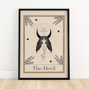 Impresión del Tarot del Diablo, Arte de pared celestial, Decoración bohemia, Impresión bohemia, Impresión lunar, Impresión de pared neutra, Impresión bohemia beige, Espiritual