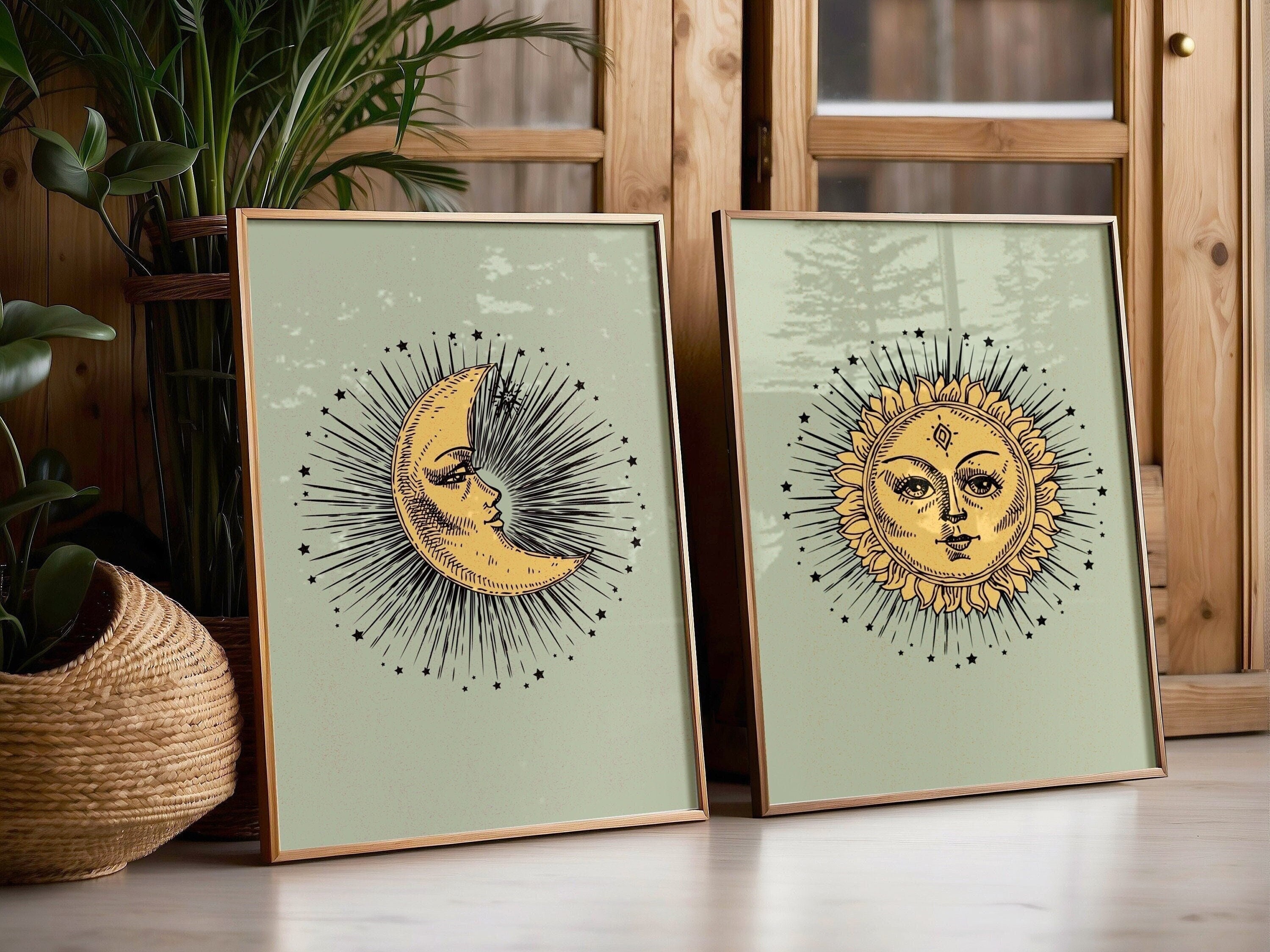 Sun and Moon Prints Set, Celestial Wall Art, Boho Wall Art, Bohemian ...
