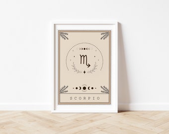 Pode incluir: Uma impressão de arte imprimível bege com uma ilustração em preto e branco do signo do zodíaco Escorpião, um escorpião estilizado e o texto "SCORPIO".