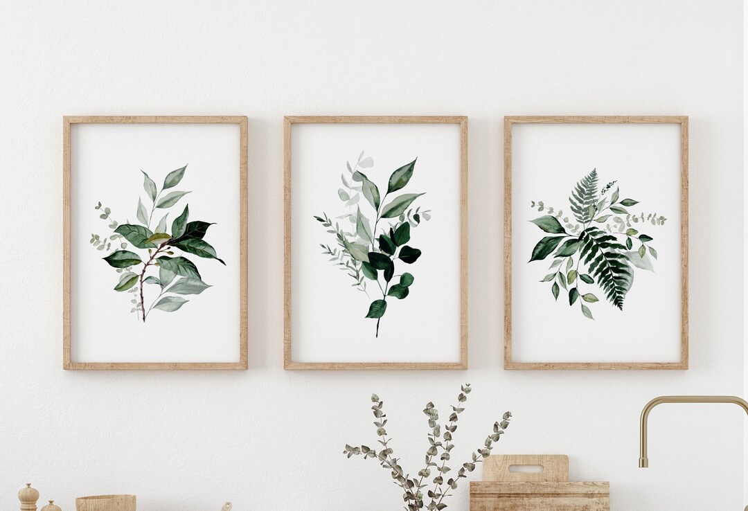 Set of 3 Green Leaf Wall Art Prints, Watercolour Prints , Botanical
