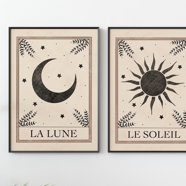 Set of 2 Tarot Art Prints. Celestial Wall Art. Moon Print. Sun Print. Boho Decor. Boho Wall Art. Wall Prints. Moon Gift. Bedroom Decor