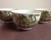 Vintage Set of Three Oriental Peacock Cups, Porcelain Cups, Asian Bamboo Floral Design