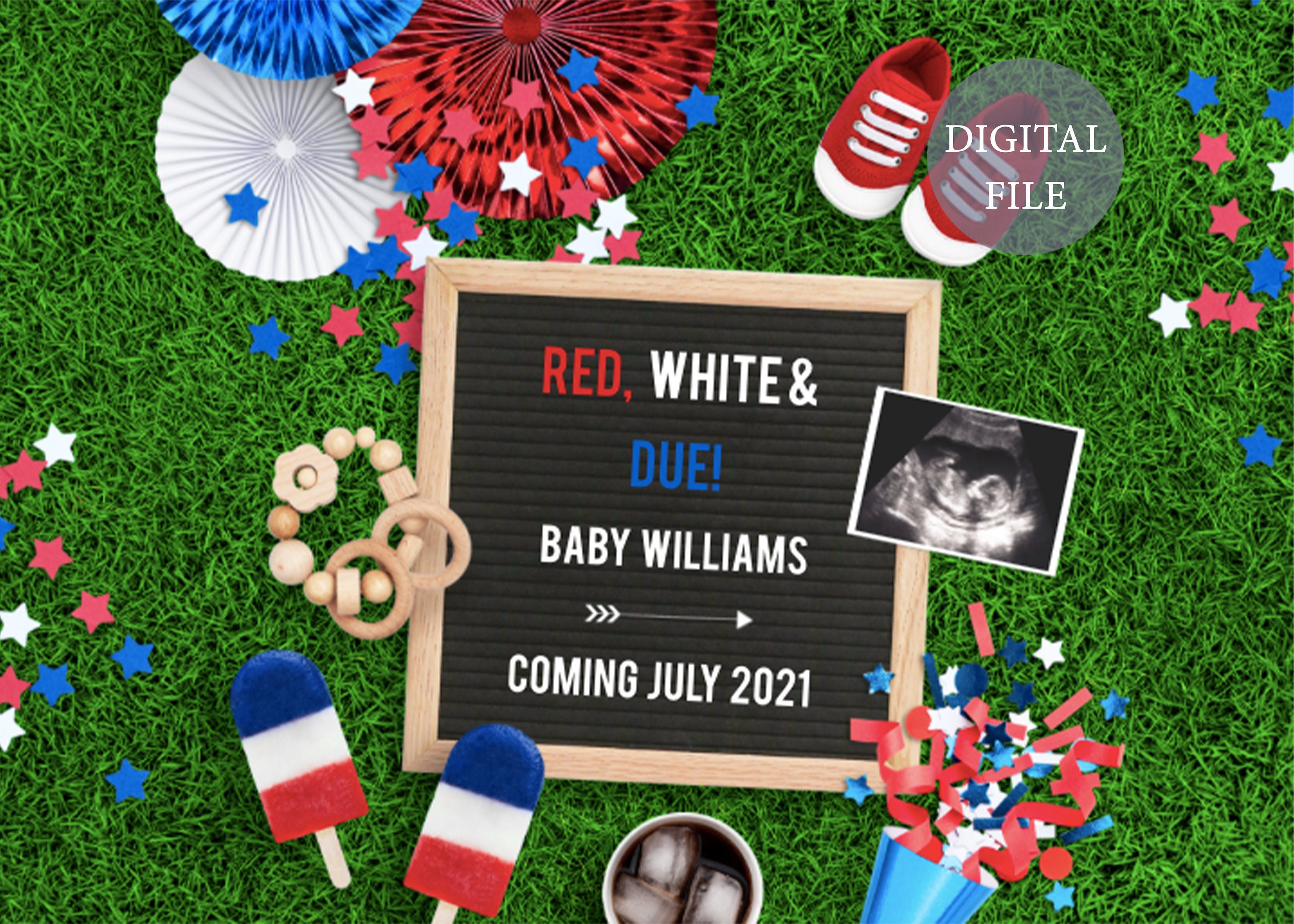 Editable Social Media pregnancy announcement July 4th, Digital letter…