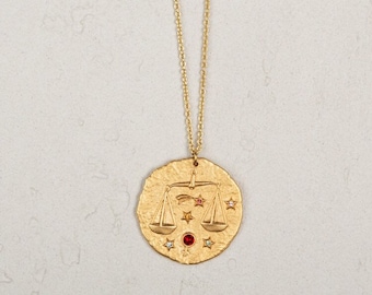 14k gold coated silver Zodiac sign coin necklace, libra necklace, libra coin necklace