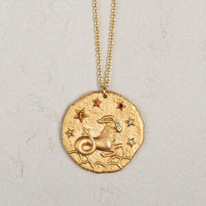 14K ゴールドコーティング シルバー 星座コインネックレス、山羊座ネックレス
