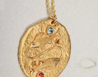 14k gold coated silver Zodiac sign coin necklace, Pisces coin necklace, necklace, Pisces necklace