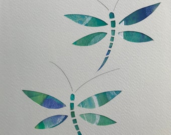 Original monotype mixed-media gelli print, Dancing Dragonflies in greens and blues