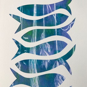 Original monotype mixed-media gelli print, fish shoal, in blues image 1