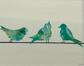 Original monotype mixed-media gelli print, 3 horizontal birds in a line, in greens