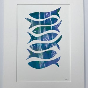 Original monotype mixed-media gelli print, fish shoal, in blues image 3